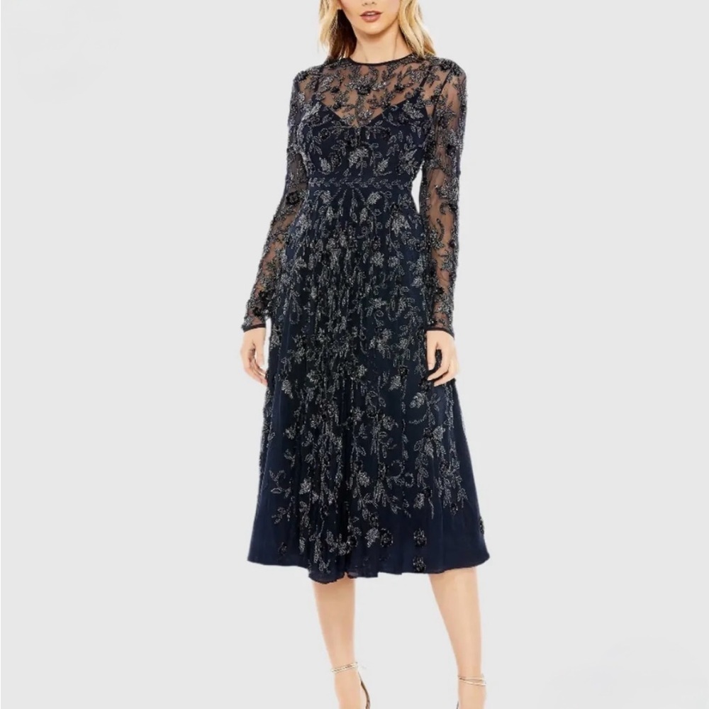 Mac Duggal Beaded Illusion High Neck Long Sleeve A Line Gown